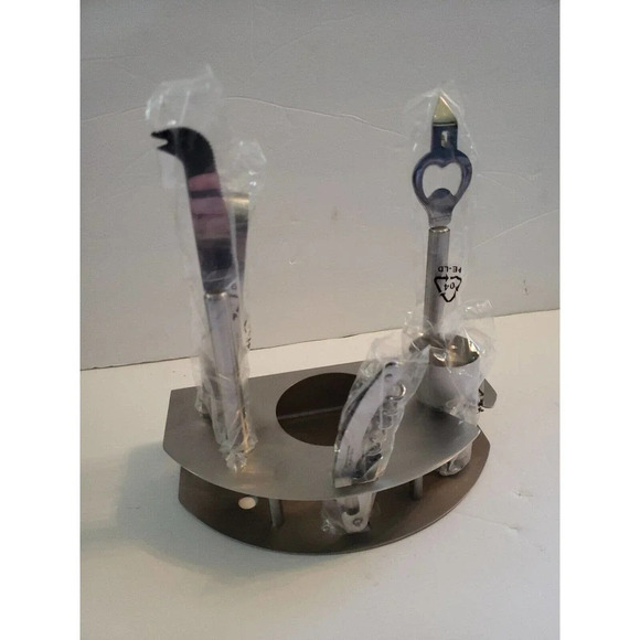 Steel Drink Mixer Tool Tray Ice Cube Tong Cork Screw Bottle Opener Shot Glass - Picture 1 of 12